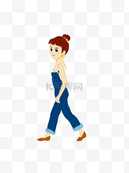 丸子头女生卡通图片_手绘人物穿牛仔裤背心走路的女生