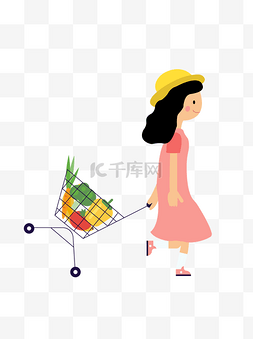 购物的女孩图片_卡通手绘拉着购物车购物的女孩矢