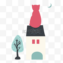 月亮上的房子图片_矢量坐在屋顶上的猫