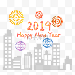 新年快乐英文图片_卡通风城市2019烟花