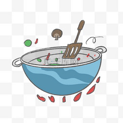 厨房用品卡通图片_卡通手绘蓝色烧菜大铁锅炒锅