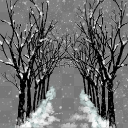 树写实手绘图片_冬季积雪暗色树林寒冷手绘免抠