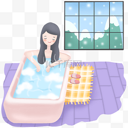 手绘冬天在温暖的家中泡澡的场景