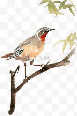 枝头的小鸟水彩画PNG免抠素材