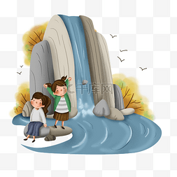 悬浮岛瀑布图片_秋游瀑布下的儿童