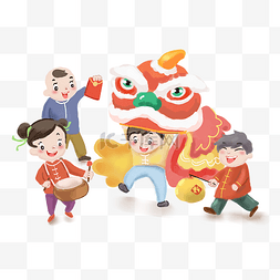 灯笼狮子图片_新年快乐舞狮子插画