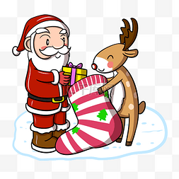 卡通圣诞老人和驯鹿送礼物png透明