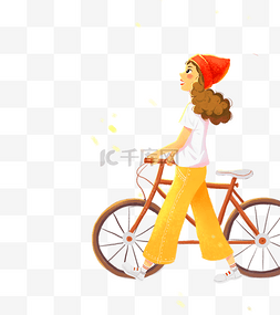 手绘插画女孩骑自行车