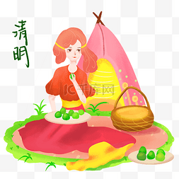 粉色的帐篷图片_清明节野营的女孩插画