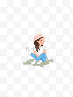 坐草地上图片_彩绘草地上的女孩psd人物插画