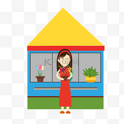 手绘植物房子图片_购物暖色系卡通手绘女孩买花免抠