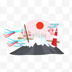 卡通日本富士山图片_矢量卡通樱花扇子