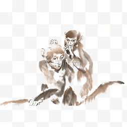 逮虱子的猴子水墨画PNG免抠素材