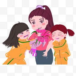 小女孩送老师花朵免抠图