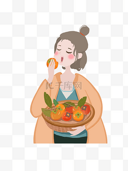 丸子头的人图片_小清新吃柿子的小女孩可商用元素