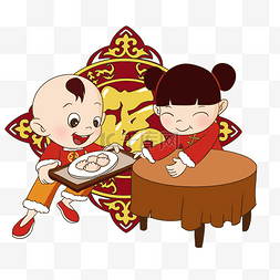 手绘新年福娃吃饺子插画