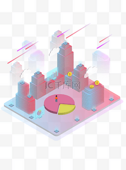 金融金币城市图片_2.5D商务办公透明城市红色渐变梦