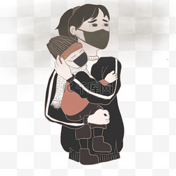 儿童免扣PNG图图片_防雾霾戴口罩暗色系卡通母亲抱孩