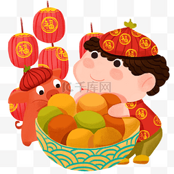 卡通汤圆海报图片_元宵节男孩和小猪欢乐吃汤圆手绘