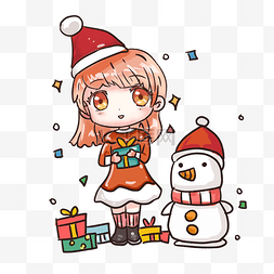 圣诞节可爱萌妹子与雪人礼物卡通