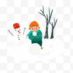 冬天卡通男孩堆雪人玩雪绘本PNG