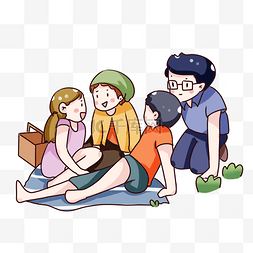 手绘卡通一家人外出野餐
