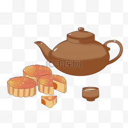 中秋蛋黄月饼图片_蛋黄月饼茶壶插画