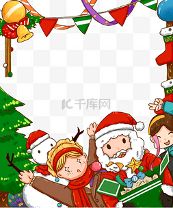 雪人和圣诞老人图片_圣诞节红色喜庆边框圣诞老人和孩