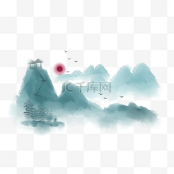 手绘蓝色山峰图片_水墨山水手绘插画