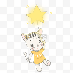闪亮星星手绘图片_手绘治愈系拿星星气球的可爱猫咪