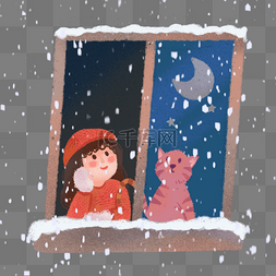 插图猫图片_手绘可爱女孩和猫窗户看雪