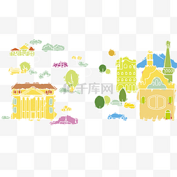 卡通建筑树木道路图片_城市建筑彩色剪影