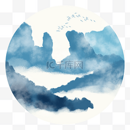 中国风圆形山水图片_中国风青色水墨山水装饰元素