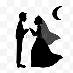 月光下牵手的新郎新娘黑色剪影