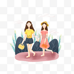 两个小女孩插画图片_春天野餐牵手的小女孩小清新风格