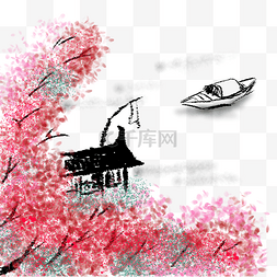 手绘桃花图片_水墨桃花手绘插画