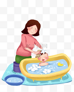 母婴卡通衣服图片_手绘母婴洗澡的孩子插画