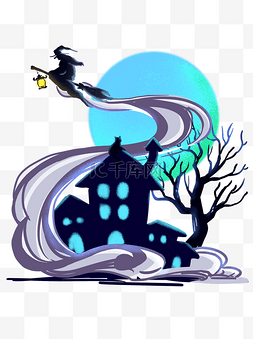 万圣节城堡女巫图片_万圣节场景手绘卡通恐怖魔女巫城
