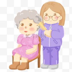 蓝色的连衣裙图片_感恩节的一天妈妈在给奶奶梳头