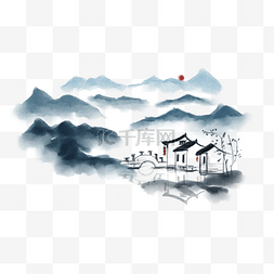 房屋插画图片_水墨山水和房屋插画