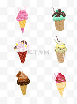 手绘冰淇淋甜筒美食卡通插画元素