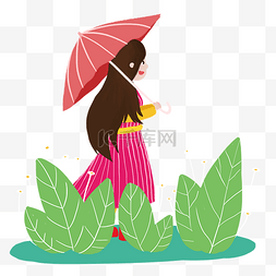 春季女孩雨中撑伞游玩手绘人物PNG