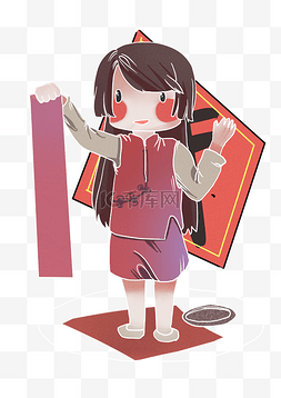 春节春联卡通图片_新年贴对联的小女孩