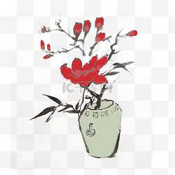 夏季水墨花瓶红花