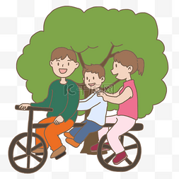 骑自行车插画图片_春天一家人春游手绘插画免抠元素
