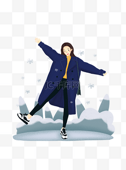 女孩雪花图片_手绘冬季下雪雪花冬装女孩人物素