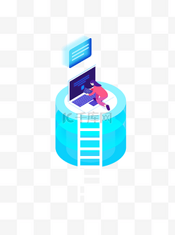 白色显示屏图片_手绘商务女士在蓝色高台操作数据