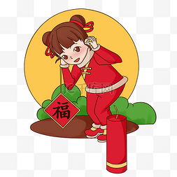 小女孩放花灯图片_小女孩放炮仗插画