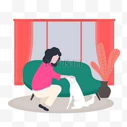家沙发温馨图片_卡通插画风房间里的女人和狗