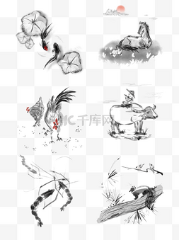 鸡草地图片_水墨国风手绘动物元素套图